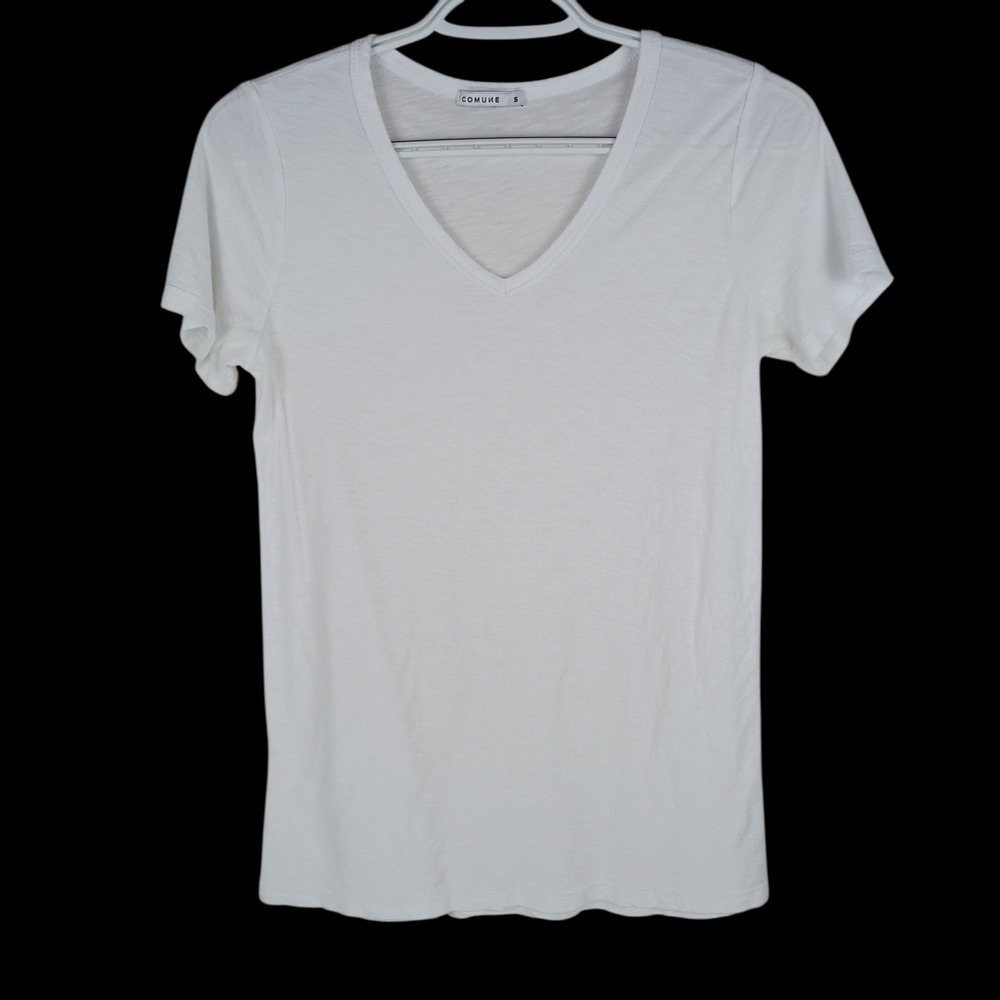 Comune White V-Neck T-Shirt Women Small Short Sleeve Slub Knit Basic Tee